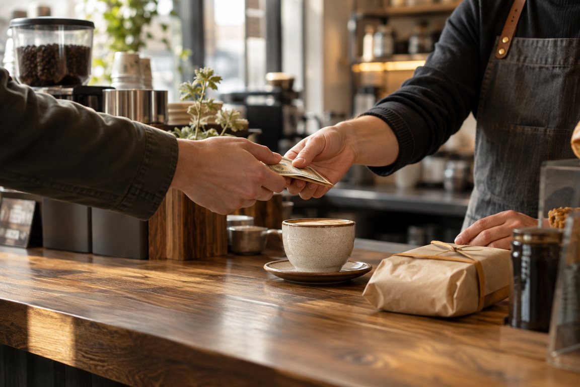 Customer paying cash at a café counter
