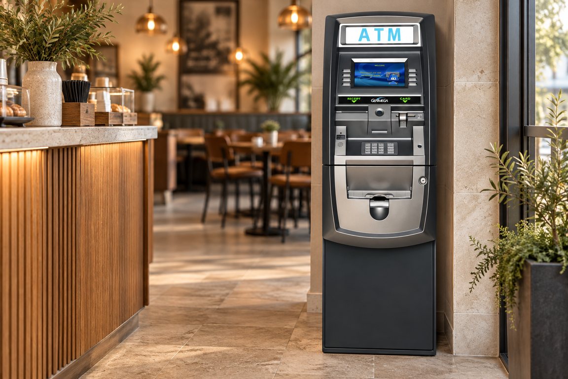 Freestanding ATM beside a café counter