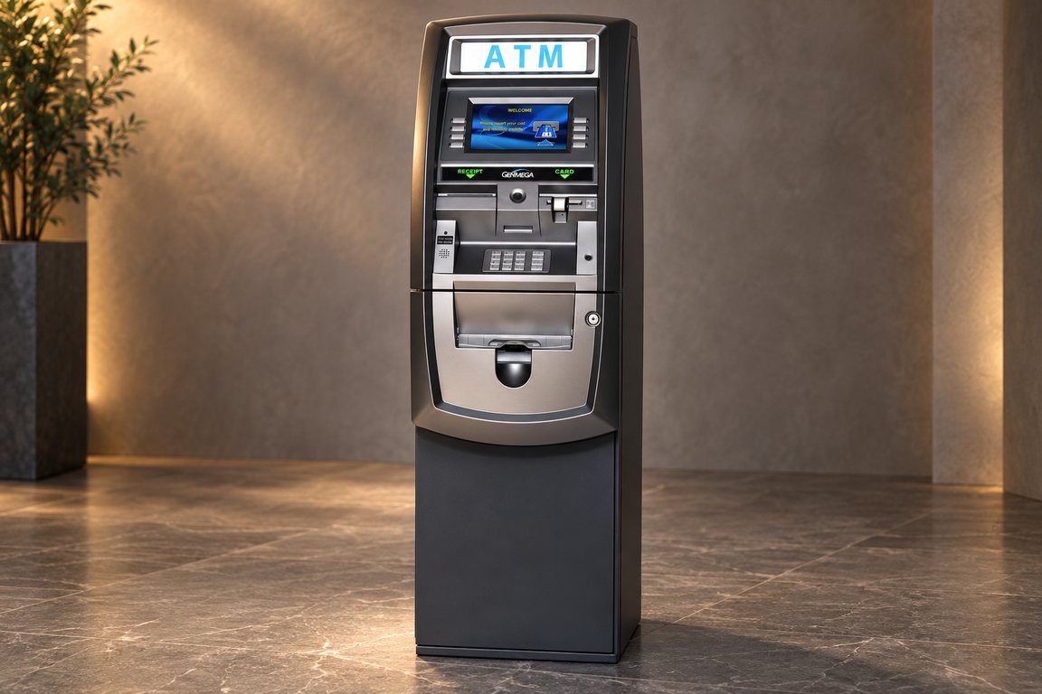 Freestanding ATM in a lobby with a stone floor